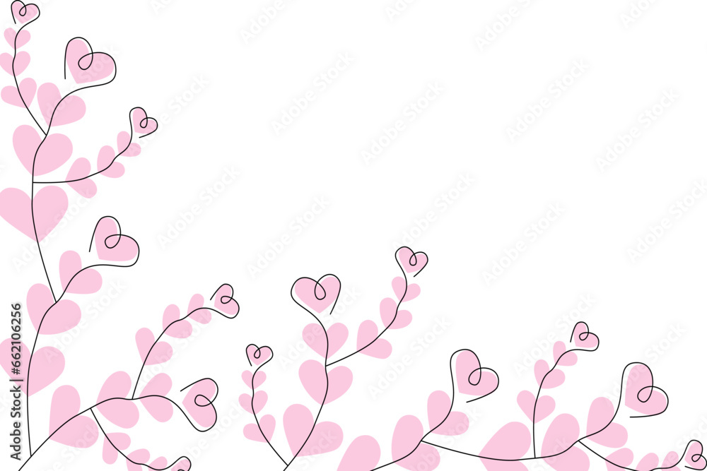 Abstract corner frame border of brunches with hearts in trendy pink hue. Design concept for greeting Abstract corner frame border of brunches with hearts in trendy pink hue. Design concept for greeting
