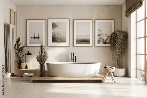 Indulge in the ultimate relaxation with this elegant bathroom featuring a spacious tub and modern sink. AI Generative.