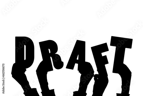 Digital png illustration of hands with draft text on transparent background