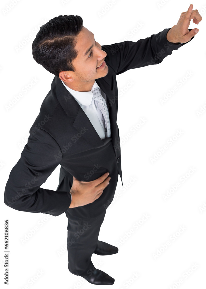 Digital png photo of biracial businessman touching virtual screen on transparent background Digital png photo of biracial businessman touching virtual screen on transparent background