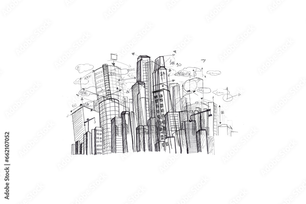 Digital png illustration of cityscape with icons on transparent background