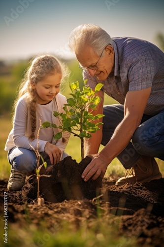 Héritage familial : Grand-père et petite-fille plantent un arbre ensemble © Beboy