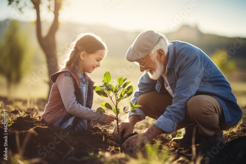 Héritage familial : Grand-père et petite-fille plantent un arbre ensemble © Beboy