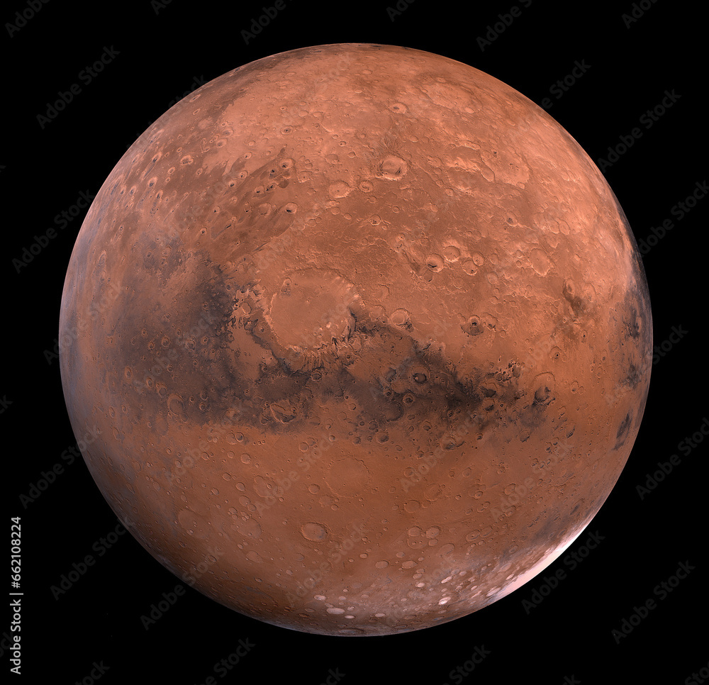 Fototapeta premium Mars, planet and universe for solar system, nebula or science with mock up space on black background. Galaxy, red and innovation with research, milky way or astrology for exploration and discovery