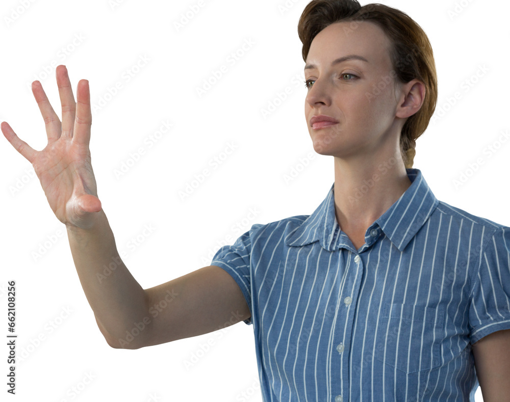 Digital png photo of focused caucasian woman gesturing with hand on transparent background Digital png photo of focused caucasian woman gesturing with hand on transparent background