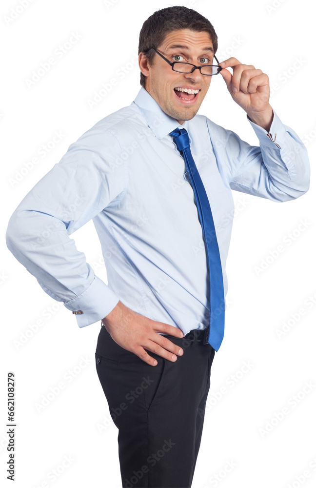 Digital png photo of happy caucasian businessman holding glasses on transparent background Digital png photo of happy caucasian businessman holding glasses on transparent background