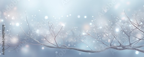 Sparkling silver branches on a light silver blur background, creating a magical and festive atmosphere. Template for Christmas and New Year cards, social media posts, and website designs. Copy space. © Fokasu Art
