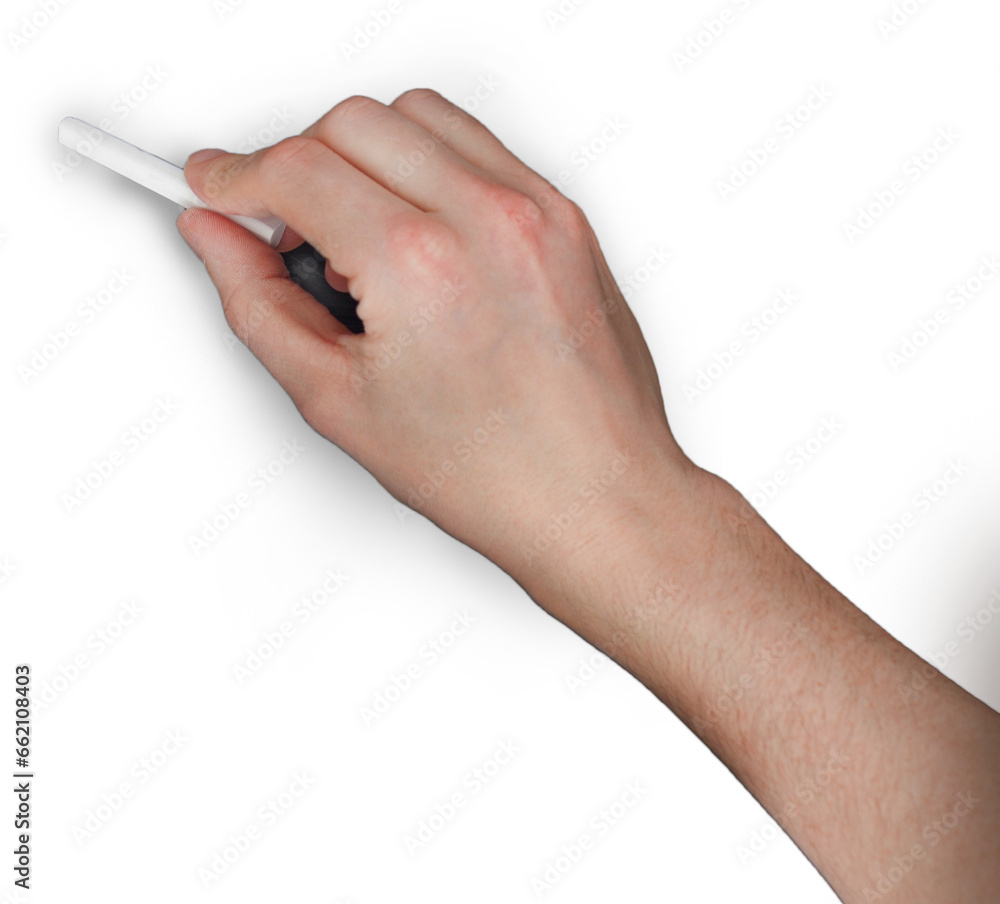 Digital png photo of caucasian hand holding chalk on transparent background - obrazy, fototapety, plakaty 