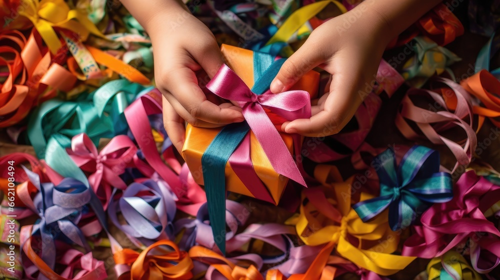 An image of a person wrapping presents with colorful paper and ribbons, symbolizing the act of gift preparation