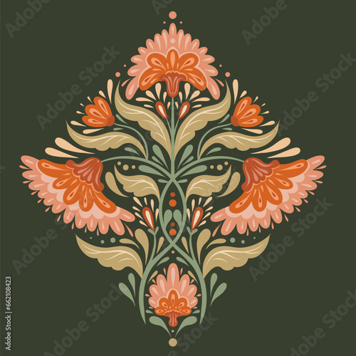 Vector decorative illustration of flower arrangement. Folk art card with symmetrical orange flowers and stems and foliage