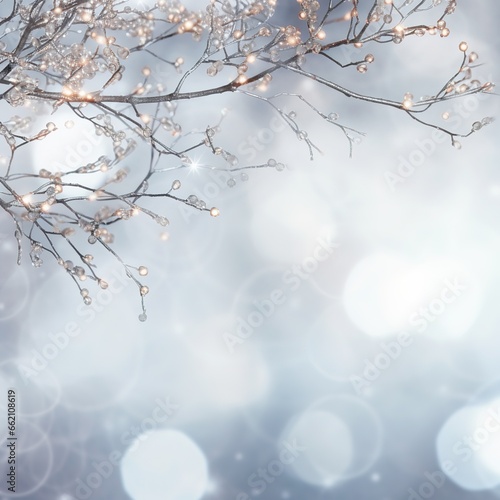 Sparkling silver branches on a light silver blur background, creating a magical and festive atmosphere. Template for Christmas and New Year cards, social media posts, and website designs. Copy space.