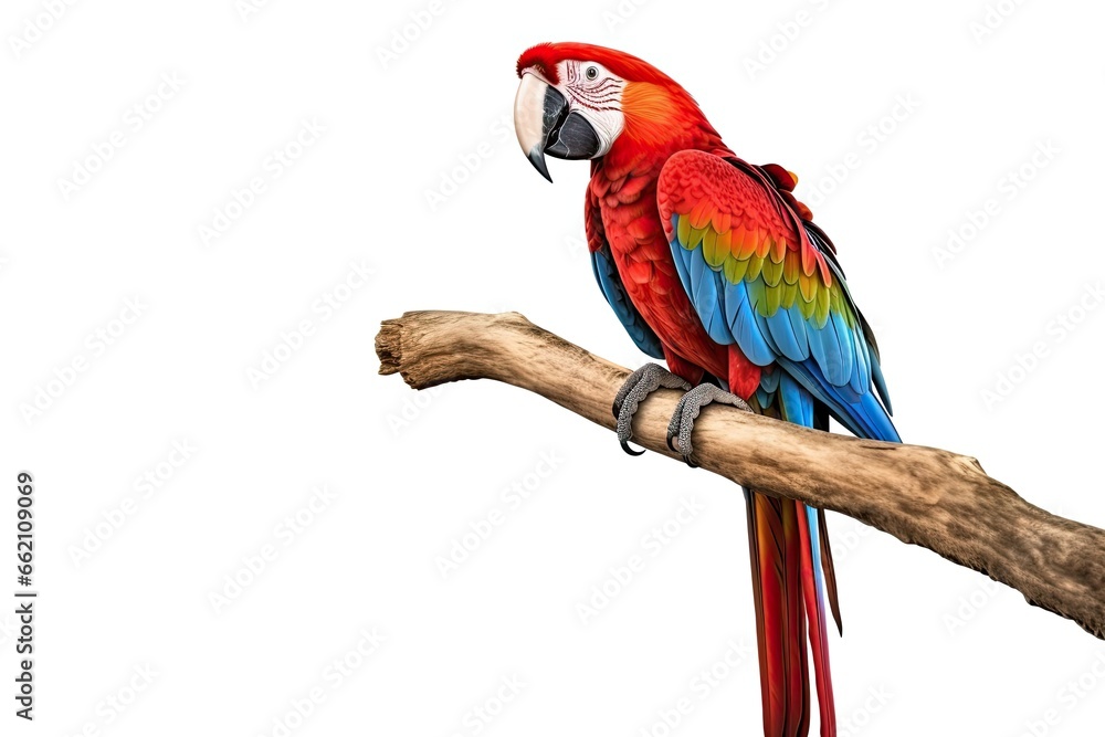 a red and blue macaw isolated on white background