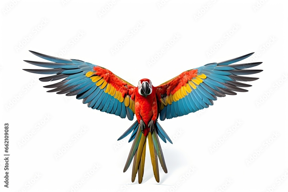 a red and blue macaw isolated on white background