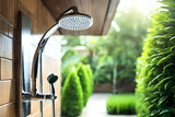 Exterior outdoor shower head in the villa or home building with green garden. Close up