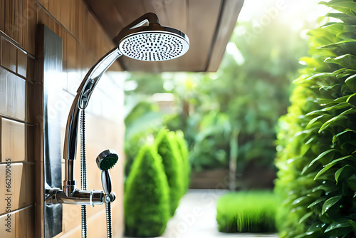 Exterior outdoor shower head in the villa or home building with green garden. Close up