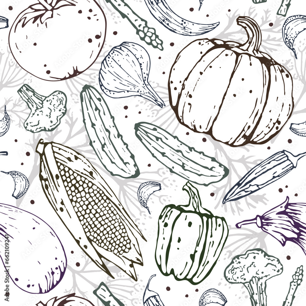 Vegetables. Pumpkin, eggplant, peppers, garlic fresh vegetables. Pattern, seamless. Flat vector illustration