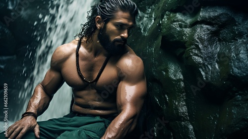 handsome muscular person in the water jungle