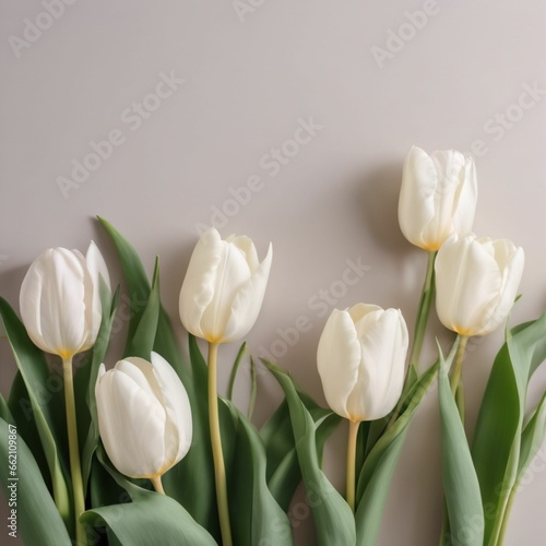 simple color background And there are white tulips placed at the edge of the picture.