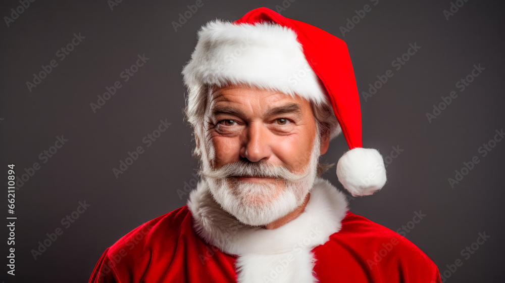 A handsome mid-aged man dressed as santa smiling