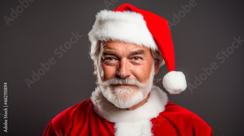 A handsome mid-aged man dressed as santa smiling