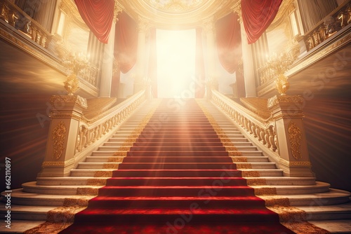 a staircase leading to a red carpet and sun beaming above photo