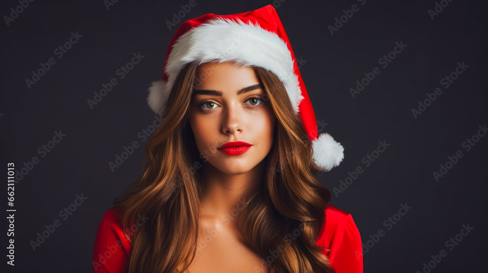 A beautiful young woman dressed as santa looking neutral A beautiful young woman dressed as santa looking neutral
