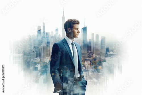 Double Exposure of Handsome businessman and cityscape on white background photo