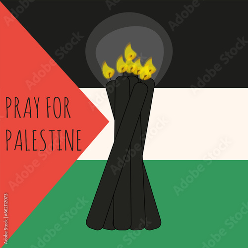 Bunch Jerusalem candles on background Palestinian flag. Palestina vs Israel military tension. War in Gaza. Stop war. Pray for Palestine concept card, banner, poster cover. Vector illustration.