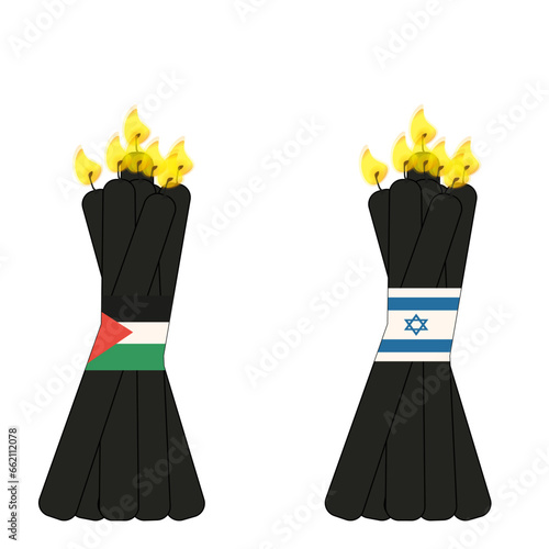 Bunch Jerusalem candles with Palestinian and Israel flag isolated transparent background. Palestina vs Israel military tension. War in Gaza. Stop war. Pray for Palestine concept. Vector illustration.