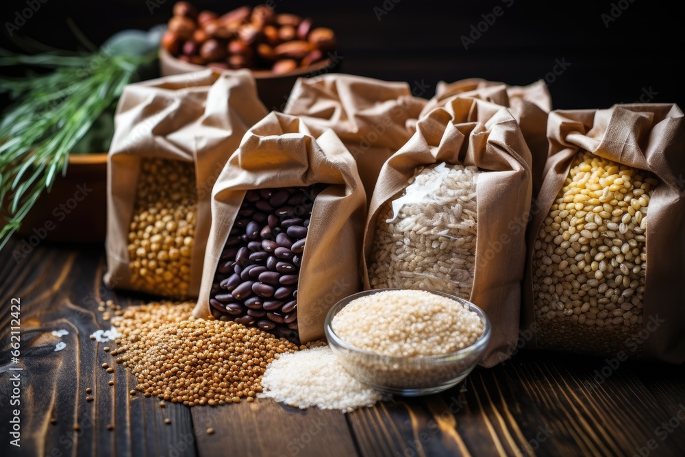 Cereals and beans in bags.