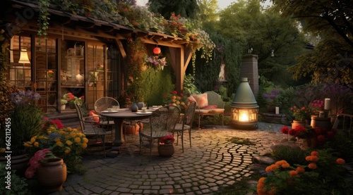 A small courtyard surrounded by greenery, simple patio furniture.