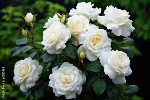 Beautiful blooming white roses on bush outdoors  closeup