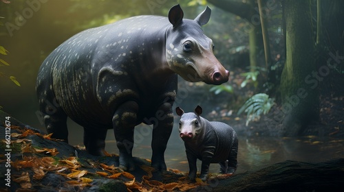 photo tapir with baby in the nature habitat