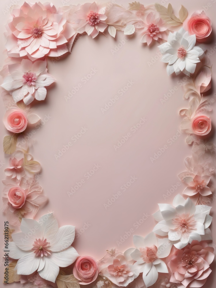 Beautiful floral decoration on pink paper, stationery, wedding card, paper art Beautiful floral decoration on pink paper, stationery, wedding card, paper art