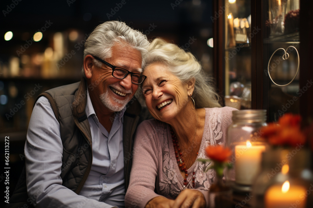 a candid photo of a cute old people couple laughing and having fun. 