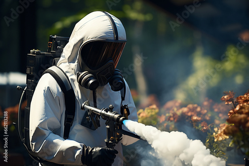 A guy from the pest control service in a mask and a white protective suit sprays poisonous gas.  photo