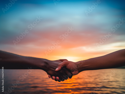A handshake, for peace, between 2 people, with an open natural cloudy background representing an open sky © Olivier