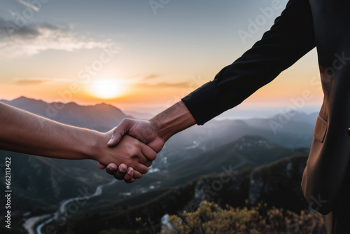 A handshake, for peace, between 2 people, with an open natural cloudy background representing moutains