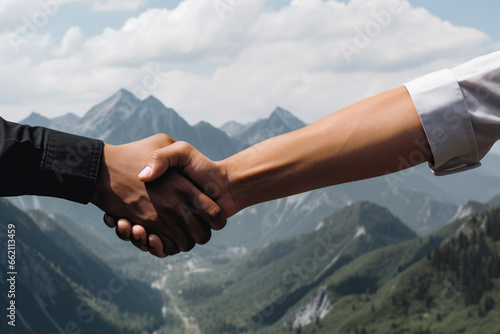 A handshake, for peace, between 2 people, with an open natural cloudy background representing moutains