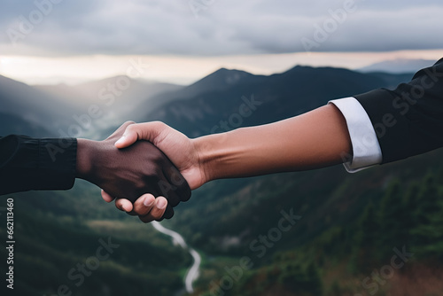 A handshake, for peace, between 2 people, with an open natural cloudy background representing moutains © Olivier