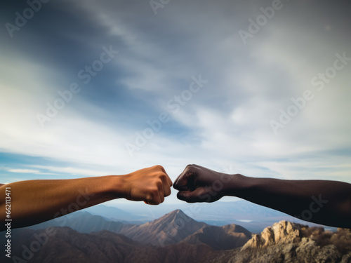 a fist bump, for peace, between 2 people, with an open natural cloudy background over sunset © Olivier