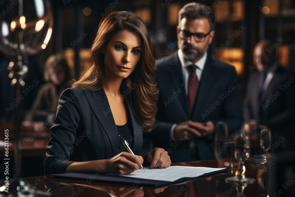 Business woman and man lawyer attorney showing document to man client providing advisory services, professionals discussing tax papers working in office at meeting. Legal consultancy concept. 