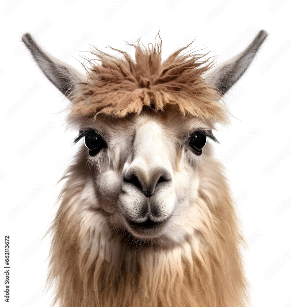 Front view of a llama close-up isolated on white background cutout