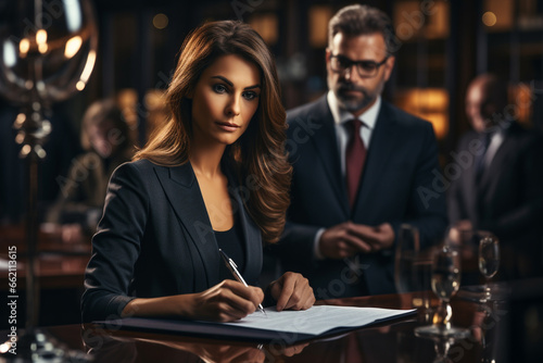 Business woman and man lawyer attorney showing document to man client providing advisory services, professionals discussing tax papers working in office at meeting. Legal consultancy concept. 