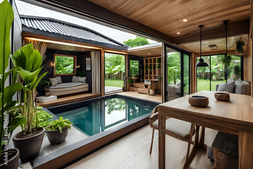 Tiny house building Exterior and interior design showing tropical pool villa with bonsai green garden. Close up
