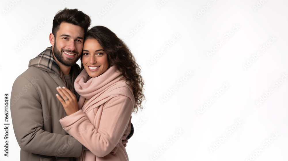 Couple Romantic standing side by side and hugging, isolated on white Couple Romantic standing side by side and hugging, isolated on white