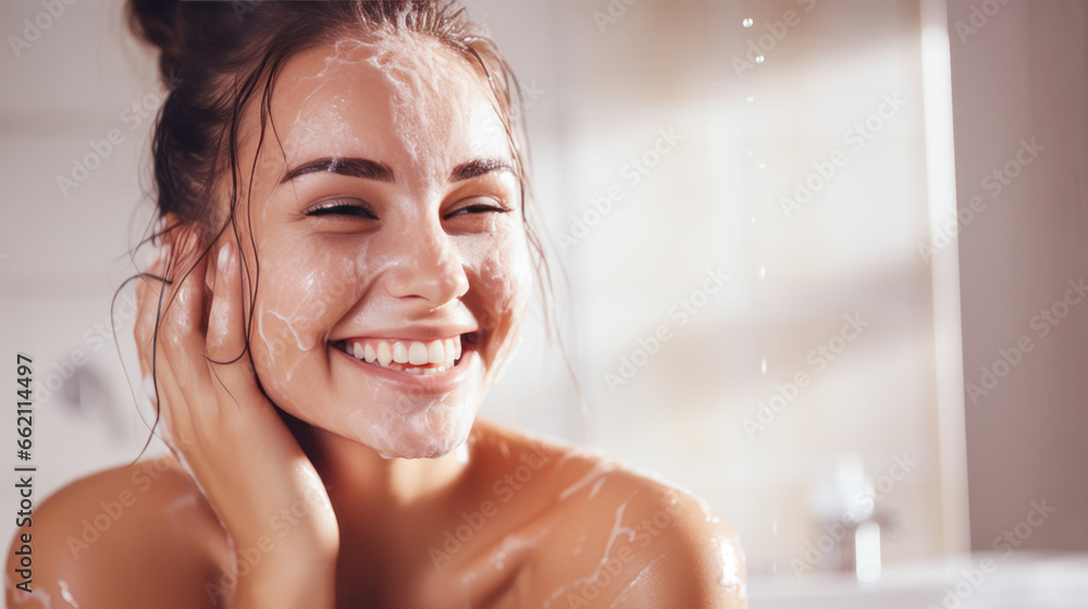 Woman smiles when applying foam for washing on her face - obrazy, fototapety, plakaty 