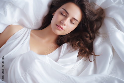 Beautiful Woman sleeping with closed eyes in comfortable bed