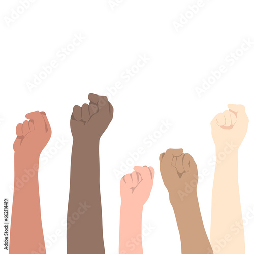 strong fist raised up. Human arms with clenched fingers vector illustration. Concept of protest, equality, fight for human rights. Stop racism peace harmany cooperation group different races skincolor photo