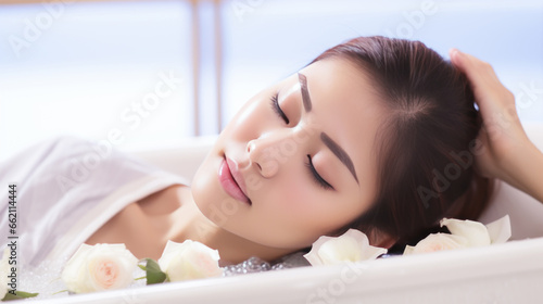 Asian woman smiling relaxing in bath with flowers